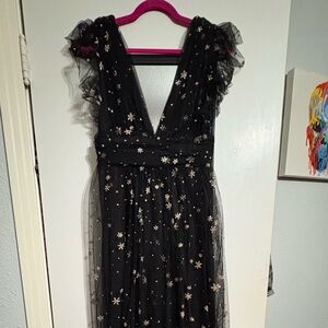 Black Evening Gown with Gold Star Embellishments